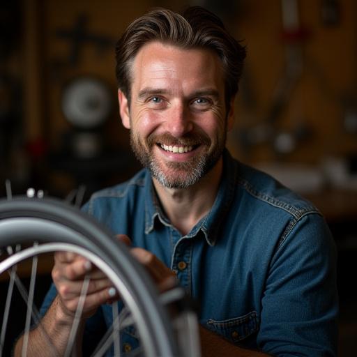 Student standing proudly with their custom built bicycle wheel