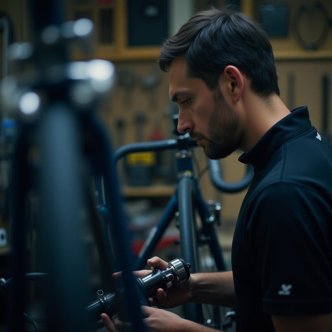 Mechanic working on a high-end bicycle in a New York workshop
