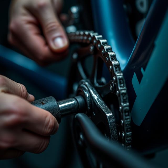 Bicycle mechanic hands working on a derailleur